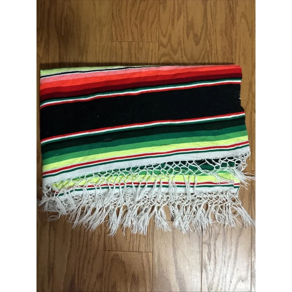 Traditional Colorful Striped Fringed Woven  Mexican Blanket 7' X 3'